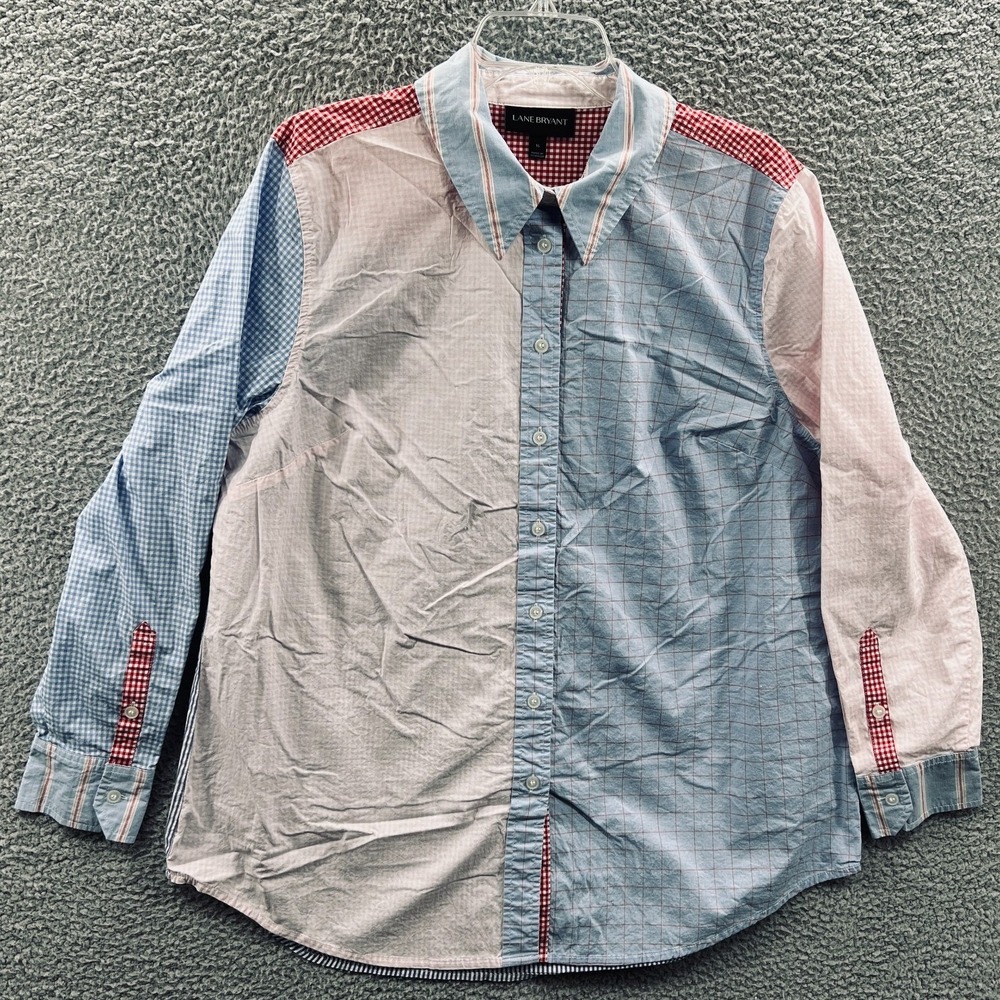 Womens Patchwork Indie Button Up Shirt 16‎ Gingham Preppy Academia Colorblock